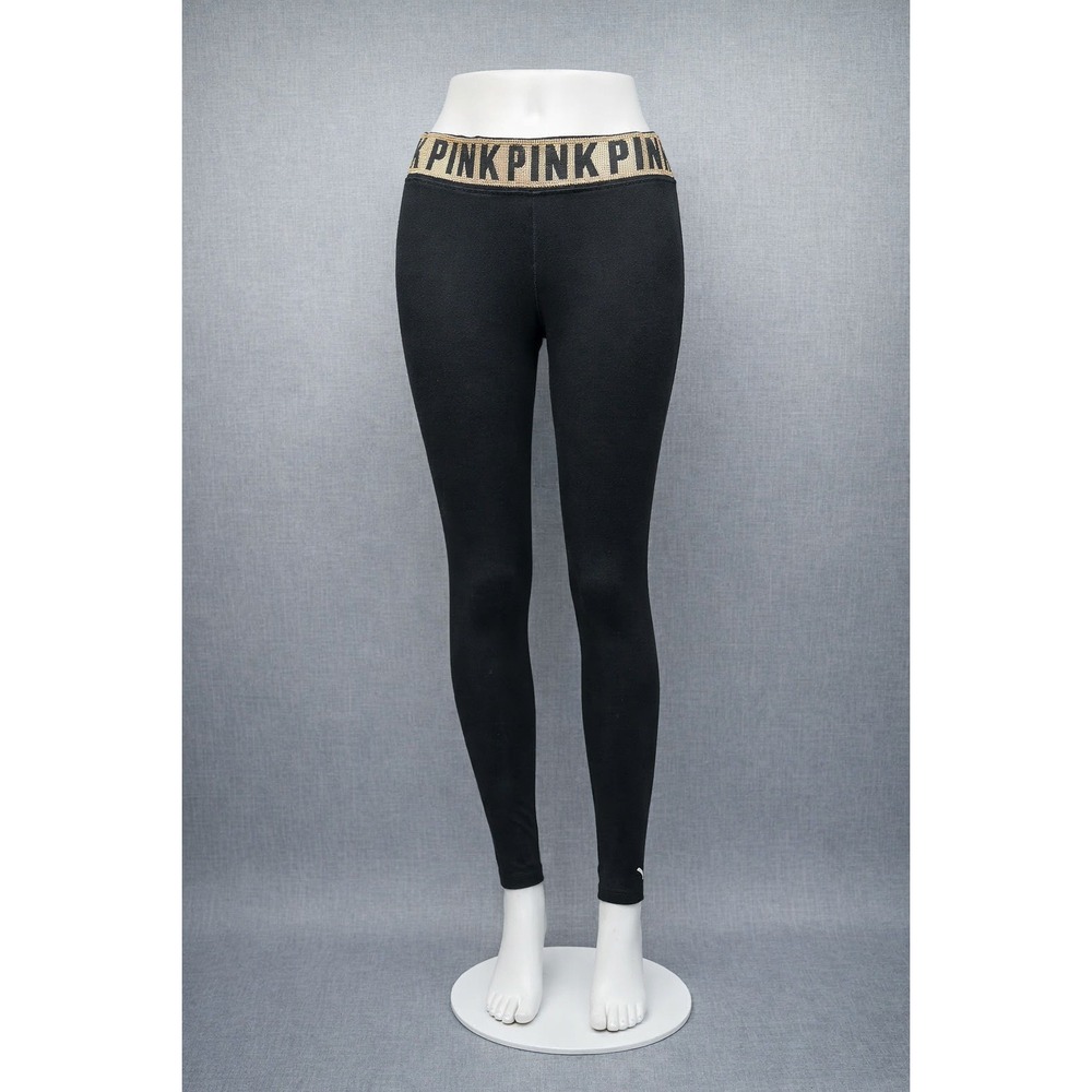 Y2K VTG Victorias Secret PINK Bling Yoga Pants Leggings Black Gold DOG Logo Sz L